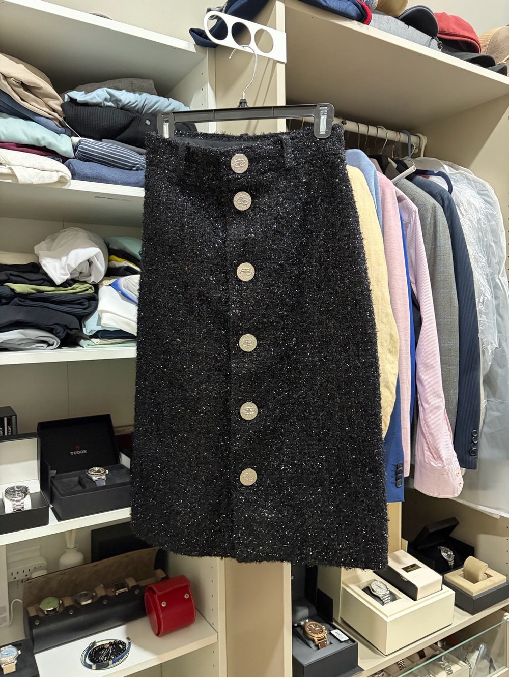 Balenciaga Black Tweed Button-Front Pencil Skirt